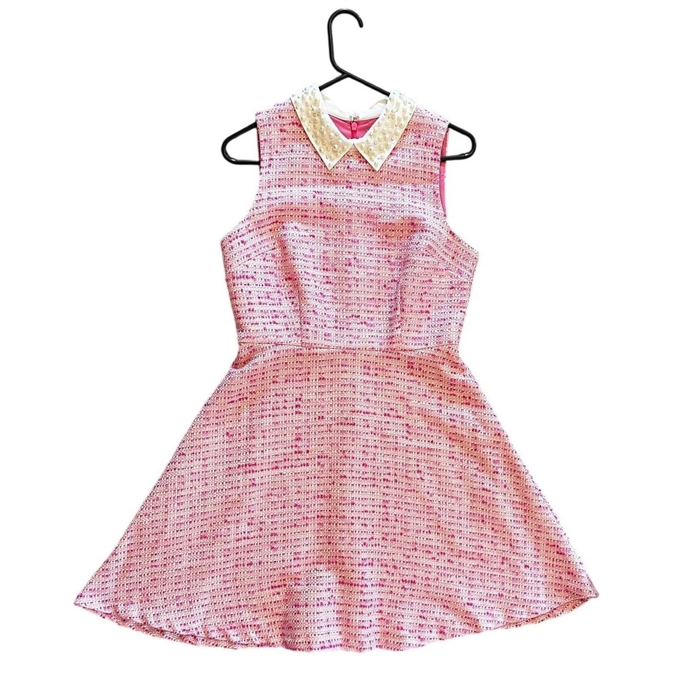 CeCe Pink Tweed Sleeveless Fit and Flare Dress Pearl Embellished Collar Size 4 - Picture 2 of 5